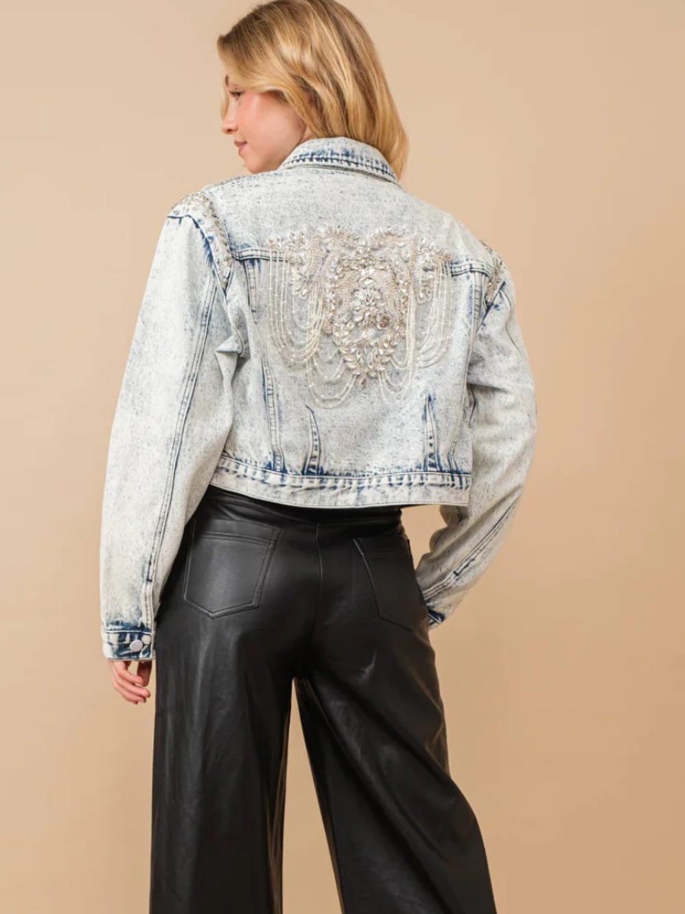 Blue B Embellished Denim Jacket Crystal Pearl Fringe Cropped Jacket NWT Small - Picture 3 of 7